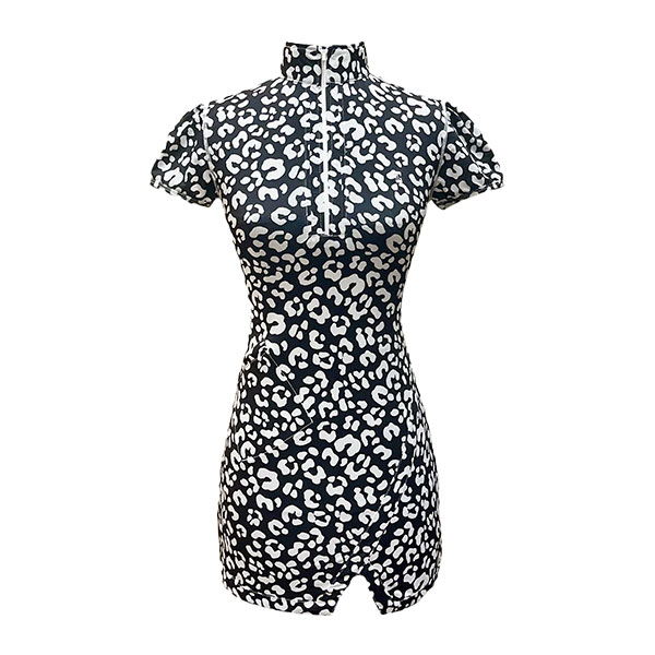 Golf dress black with white leopard motif lapel zip fastening and diagonal slash front right pocket and short Vee hem Split Short Sleeve with rear pleated hem panel - Image 2