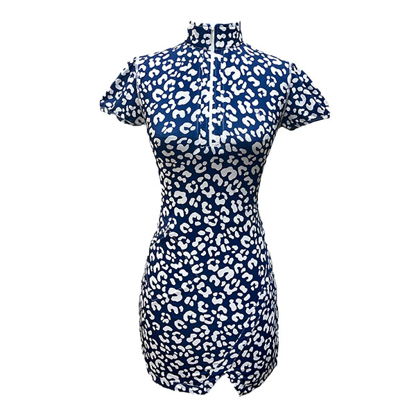 Golf dress navy with white leopard motif lapel zip fastening and diagonal slash front right pocket and short Vee hem Split Short Sleeve with rear pleated hem panel - Image 2