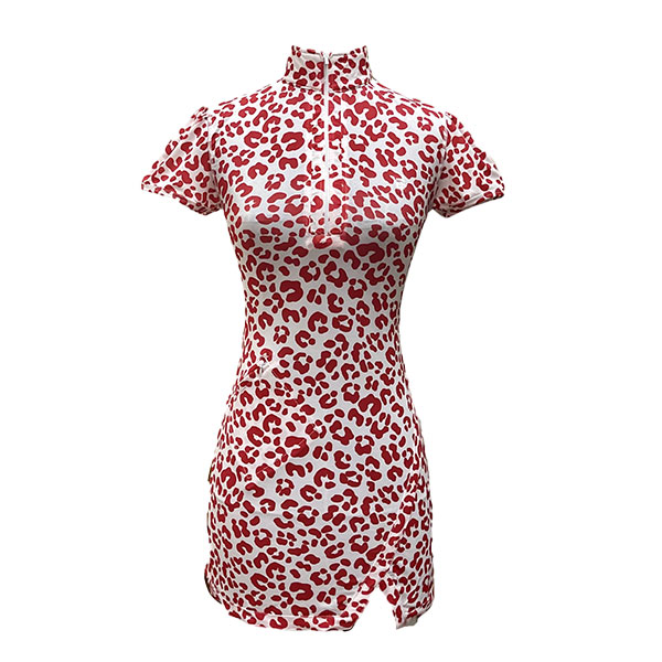 Golf dress white with red leopard motif lapel zip fastening and diagonal slash front right pocket and short Vee hem Split Short Sleeve with rear pleated hem panel - Image 2