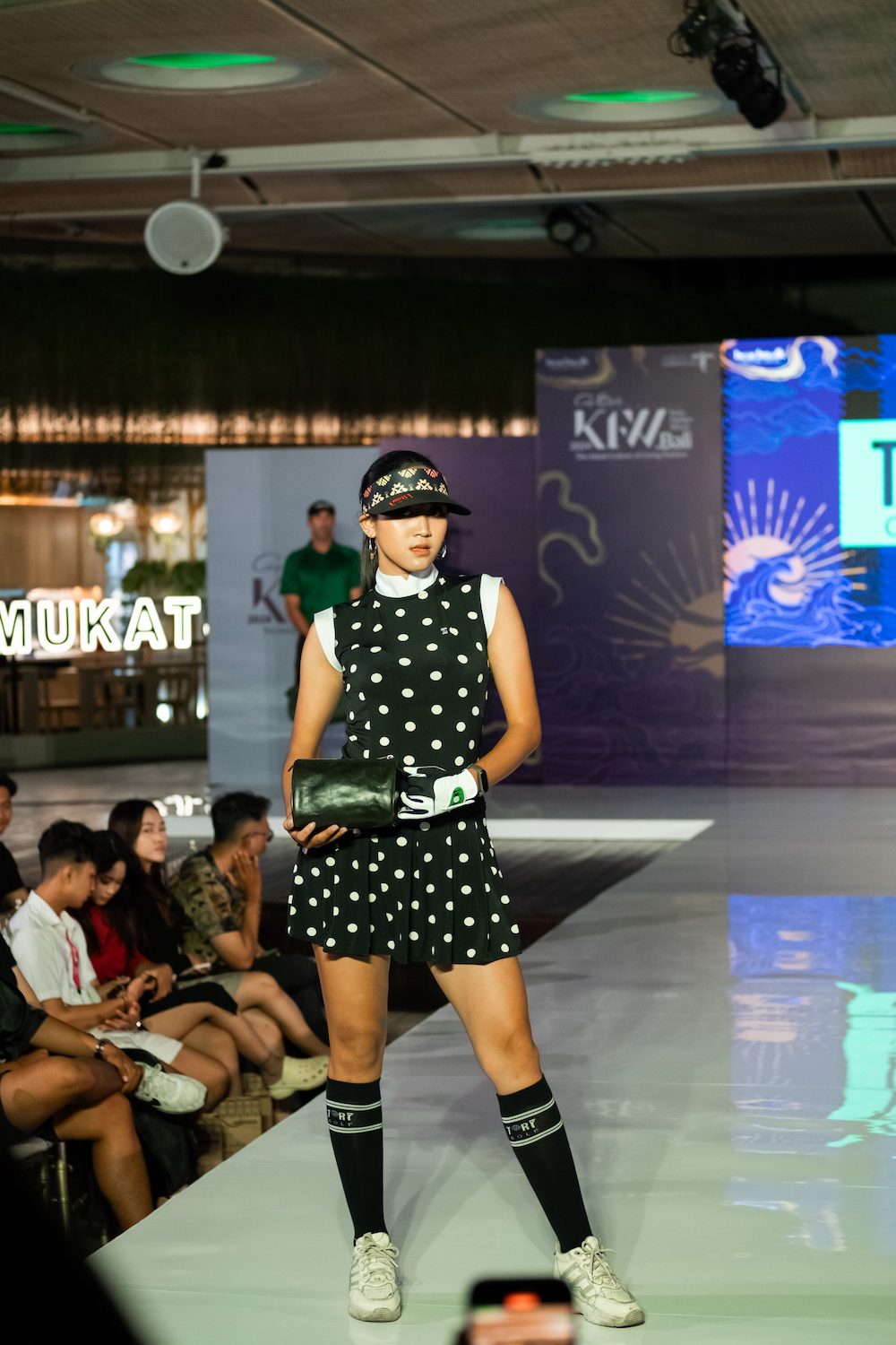 Golf dress soft feel black short sleeve mandarin neck with white big polka dots white collar and sleeve trim 1 side pockets 1/3 lower pleated / swing section - Image 3