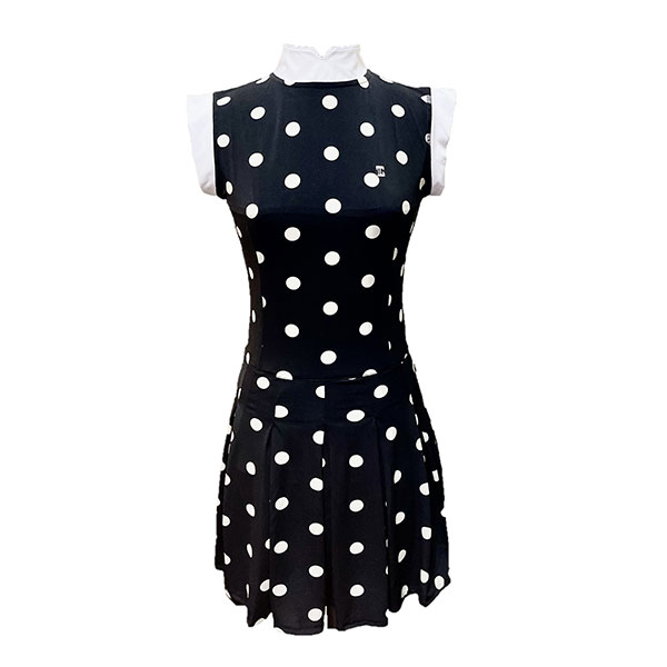Golf dress soft feel black short sleeve mandarin neck with white big polka dots white collar and sleeve trim 1 side pockets 1/3 lower pleated / swing section - Image 4