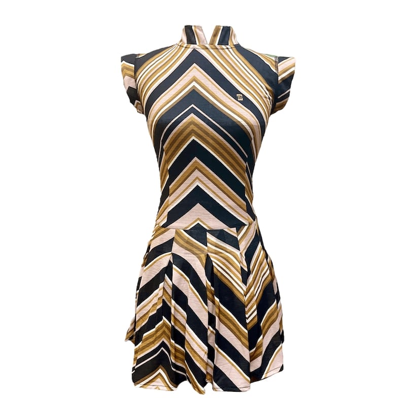 Golf dress mid brown, black and white geometric pattern short sleeve mandarin neck 1 side pockets 1/3 lower pleated / swing section - Image 2