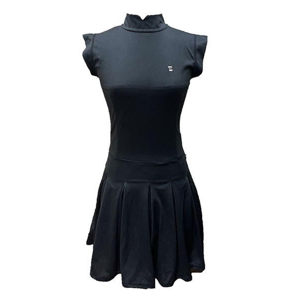 Golf dress solf feel dry fit type material all black short sleeve mandarin neck 1 side pockets 1/3 lower pleated / swing section - Image 3
