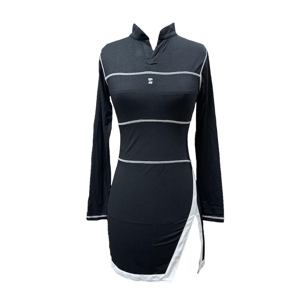 Golf Dress Black V Neck Mandarin Collar, Long Sleeve with Contrast White Trim in Front and Modern Seam Detailing with a White Combination on The Edges and an Inverted V-Slit on The Left Side - Image 2