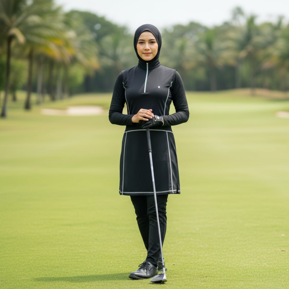 Golf Dress Black Sleeveless, with Zipper Mock Polo Neck with White Overlock Stitching and Two Folds on The Bottom Side
