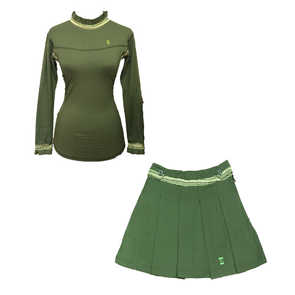 Golf set (top & Skirt) teranium green with midgreen and white modern batik underarm breathable material panels & vertical pleated / frilled crewneck and pleated / frilled long sleeve cuffs - Image 2