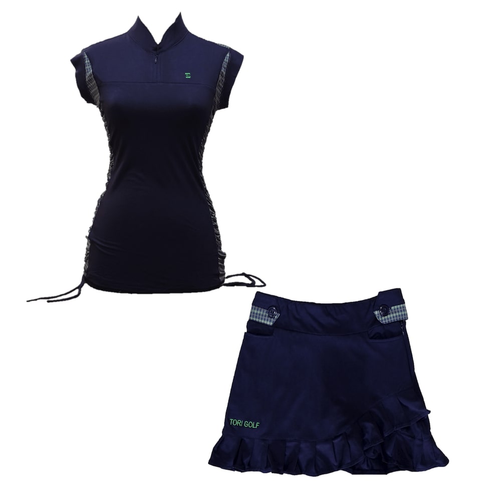 Golf set – Top navy mandarin / Vee neck zip fastened navy with green and blue modern batik breathable side & shoulder panels with navy skirt button waist fastening 2 front & 1 rear pockets contoured pleated short hem - Image 3