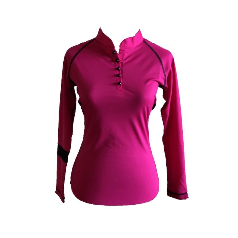 Ladies Top Pink with Button Mandarin Neck & Black Band One Arm Long Sleeve - Image 3