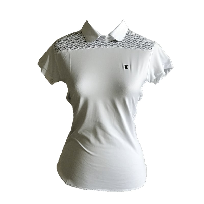 Ladies top white with faux lace shoulder saddle on front and side panels – rear zip peter pan collar - Image 2