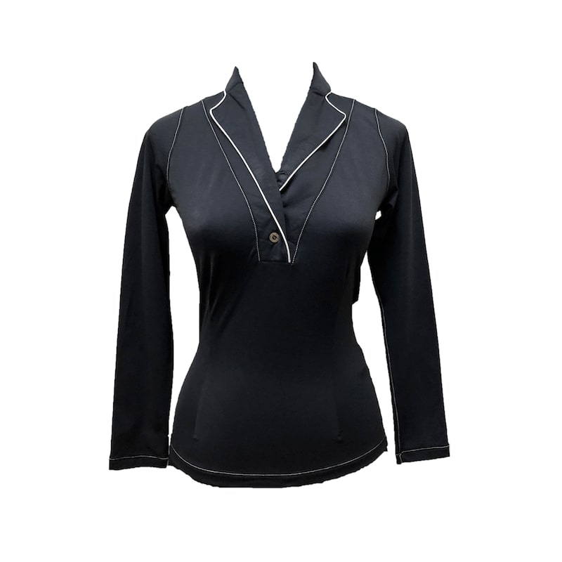 Ladies top black long sleeve shawl neck 2 buttons with white piping - Image 2