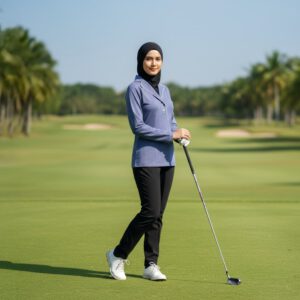 Ladies top smoke blue long sleeve shawl neck 2 buttons with white piping