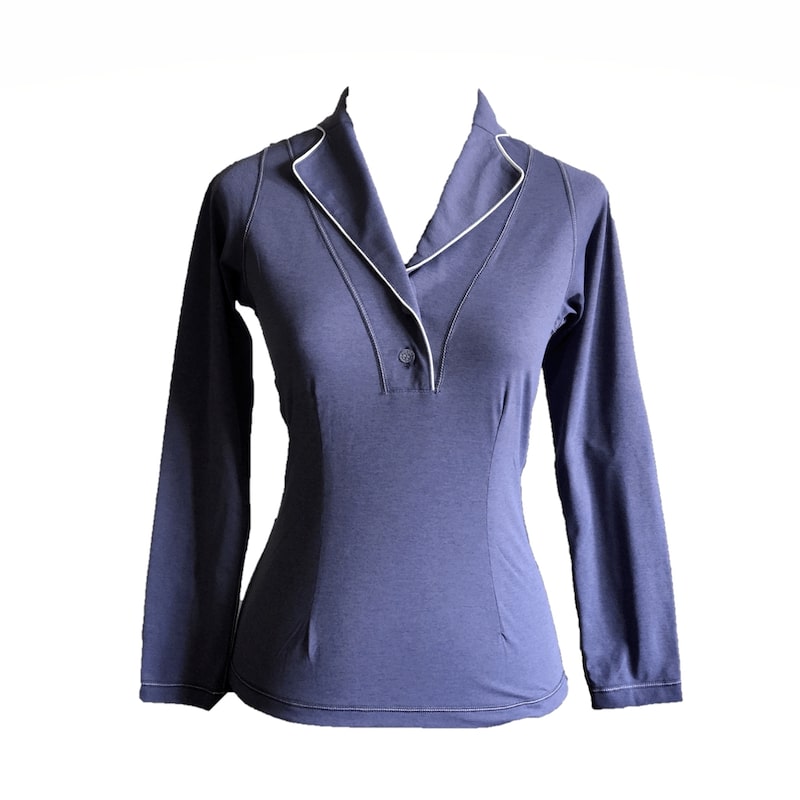 Ladies top smoke blue long sleeve shawl neck 2 buttons with white piping - Image 2