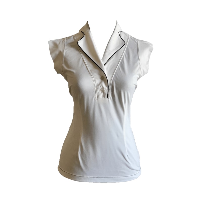 Ladies top white sleeveless shawl neck 2 buttons with white piping - Image 2