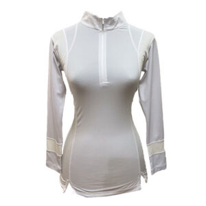 Ladies top plain white long sleeve mandarin neck with front zip fastening underarm and lower sleeve panels dry fit with exposed overlock stitching