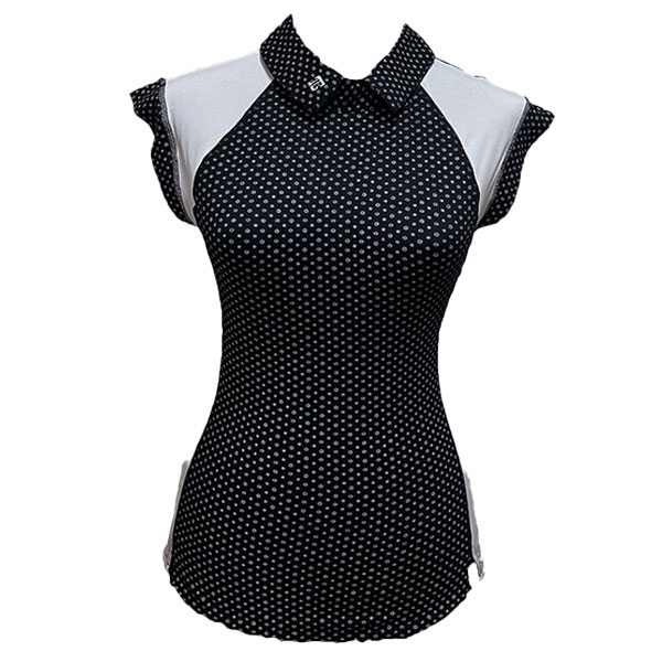 Ladies top black with small star motif short sleeve w white shoulder saddle on front and back panels-rear zip peter pan collar - Image 2