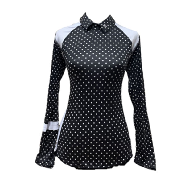 Ladies top black with small polka dots motif long sleeve w white shoulder saddle on front and back panels – rear zip peter pan collar - Image 2