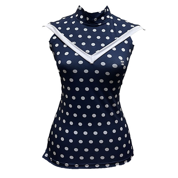 Ladies top sleeveless navy with white polka dots motif and white V chest stripes trim mandarin neck & rear zip - Image 3
