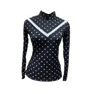 Ladies top long sleeve black with white polka dots motif and white V chest stripes trim mandarin neck & rear zip