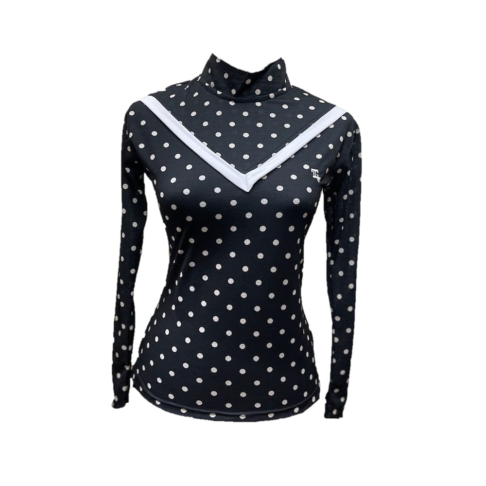 Ladies top long sleeve black with white polka dots motif and white V chest stripes trim mandarin neck & rear zip