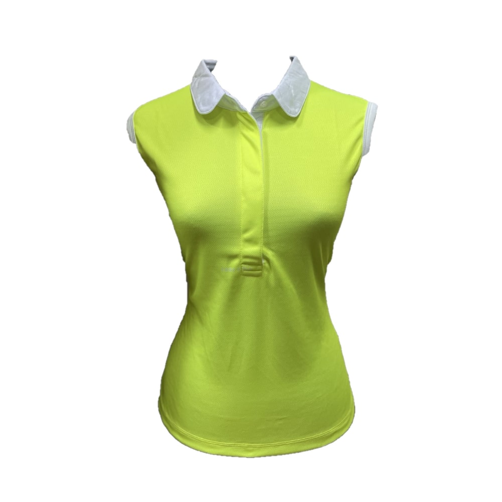 Ladies sleeveless top lime green with collar and sleeve trim white with buttons - Image 2